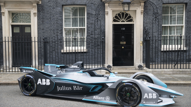The fully-electric Formula E Gen2 car outside 10 Downing Street